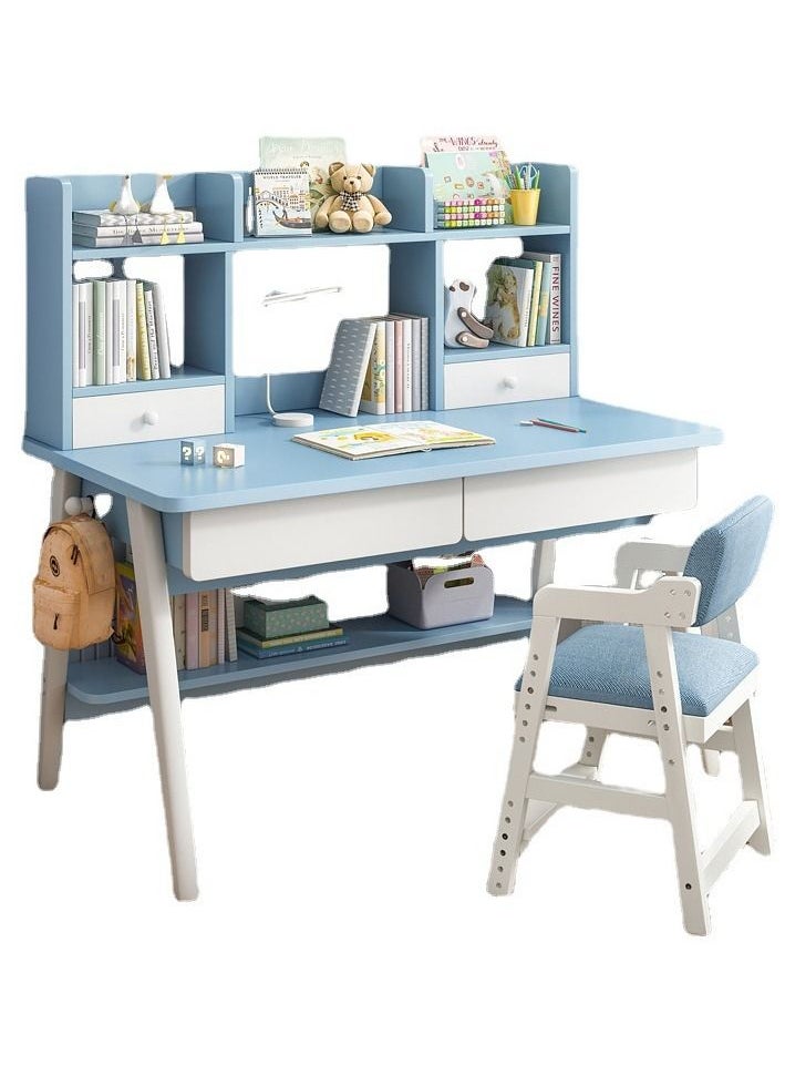 Generic - Children's Desk and Chair Set,Study Desk for Children Aged 3-12,Integrated Bookcase Desk with Hook and Storage Drawer for Student(Blue) - Image 1