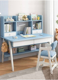 Children's Desk and Chair Set,Study Desk for Children Aged 3-12,Integrated Bookcase Desk with Hook and Storage Drawer for Student(Blue)
