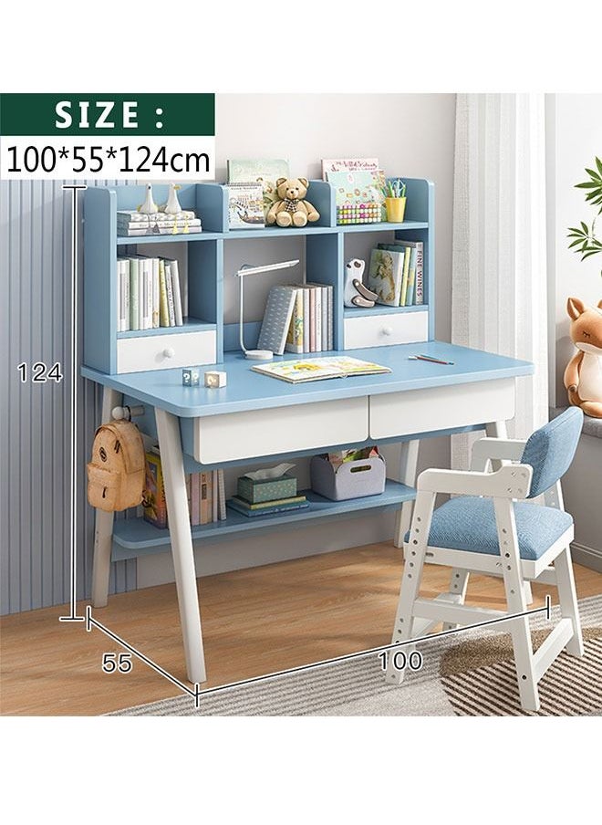 Generic - Children's Desk and Chair Set,Study Desk for Children Aged 3-12,Integrated Bookcase Desk with Hook and Storage Drawer for Student(Blue) - Image 1
