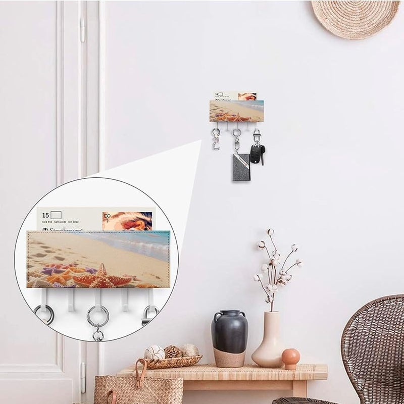 حامل مفاتيح نجمة البحر والجدار الرملي مع 5 خطافات منظم رف مفاتيح من جلد البولي يوريثان تخزين مدخل - Image 5