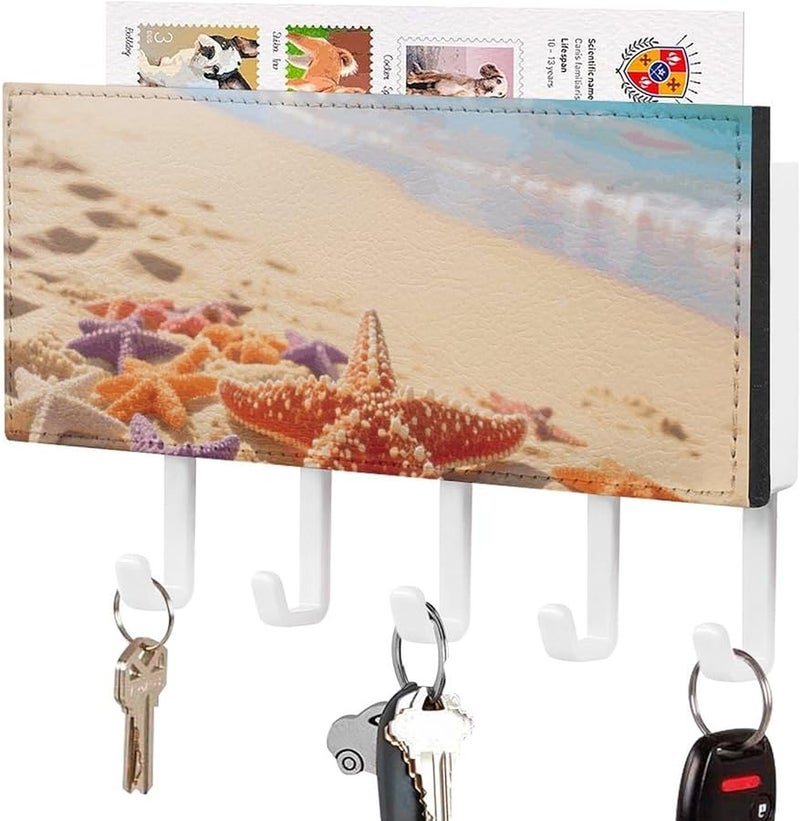حامل مفاتيح نجمة البحر والجدار الرملي مع 5 خطافات منظم رف مفاتيح من جلد البولي يوريثان تخزين مدخل - Image 2