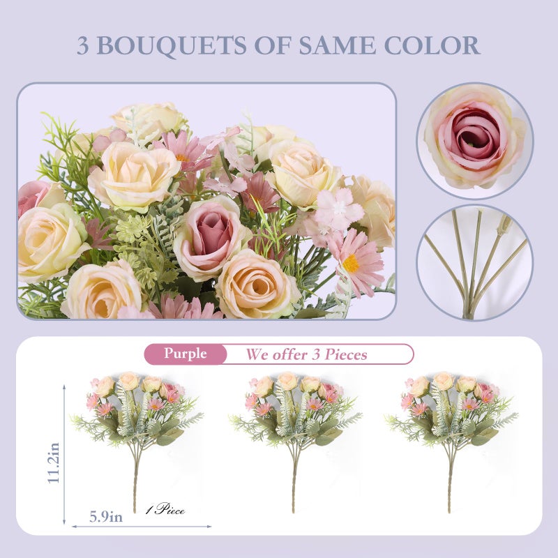 Cyblinia Artificial Flowers Fake Rose Bouquet 3 Pack Artificial Flowers Bouquet Plastic Flower Arrangements Wedding Decoration Table Centerpieces(Purple) - Image 2