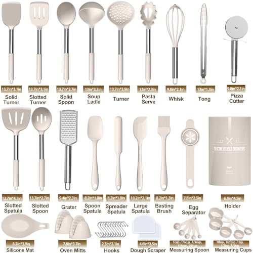 Umite Chef Silicone Kitchen Cooking Utensil Set, 43 pcs Spatula Set with Stainless Steel Handle, Non-stick Heat Resistant - Best Cookware Set-(Khaki) - Image 3