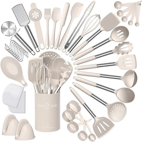 Umite Chef Silicone Kitchen Cooking Utensil Set, 43 pcs Spatula Set with Stainless Steel Handle, Non-stick Heat Resistant - Best Cookware Set-(Khaki) - Image 1
