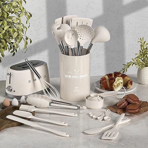Umite Chef Silicone Kitchen Cooking Utensil Set, 43 pcs Spatula Set with Stainless Steel Handle, Non-stick Heat Resistant - Best Cookware Set-(Khaki) - Image 2