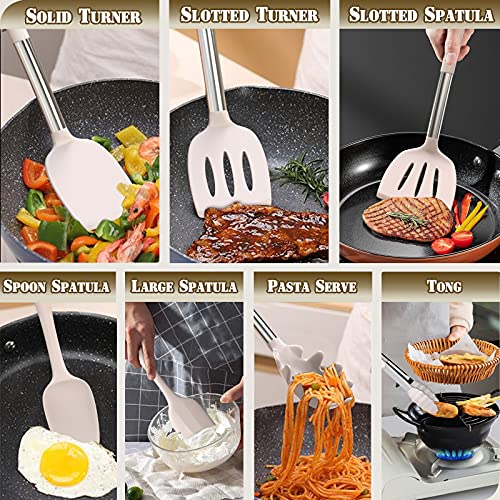 Umite Chef Silicone Kitchen Cooking Utensil Set, 43 pcs Spatula Set with Stainless Steel Handle, Non-stick Heat Resistant - Best Cookware Set-(Khaki) - Image 5