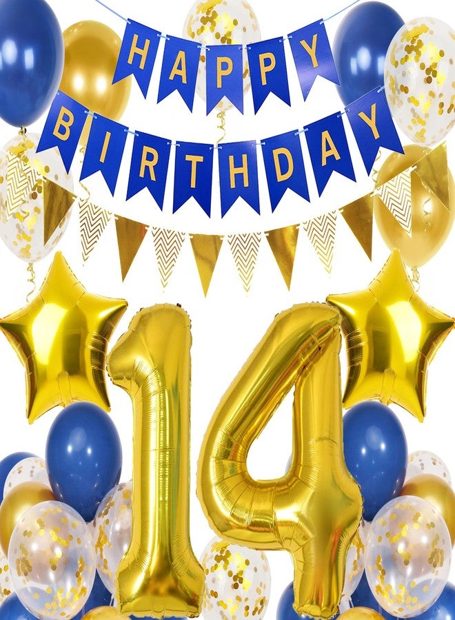 Douvelue 14th Birthday Decorations Boys, Navy Blue Gold Balloons and Happy Birthday Banner, 40 Inch Number 14 Foil Birthday Balloons with Birthday Bunting, for Boys Girls Birthday Decoration - Image 1