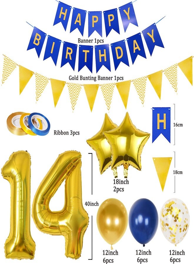 Douvelue 14th Birthday Decorations Boys, Navy Blue Gold Balloons and Happy Birthday Banner, 40 Inch Number 14 Foil Birthday Balloons with Birthday Bunting, for Boys Girls Birthday Decoration - Image 2