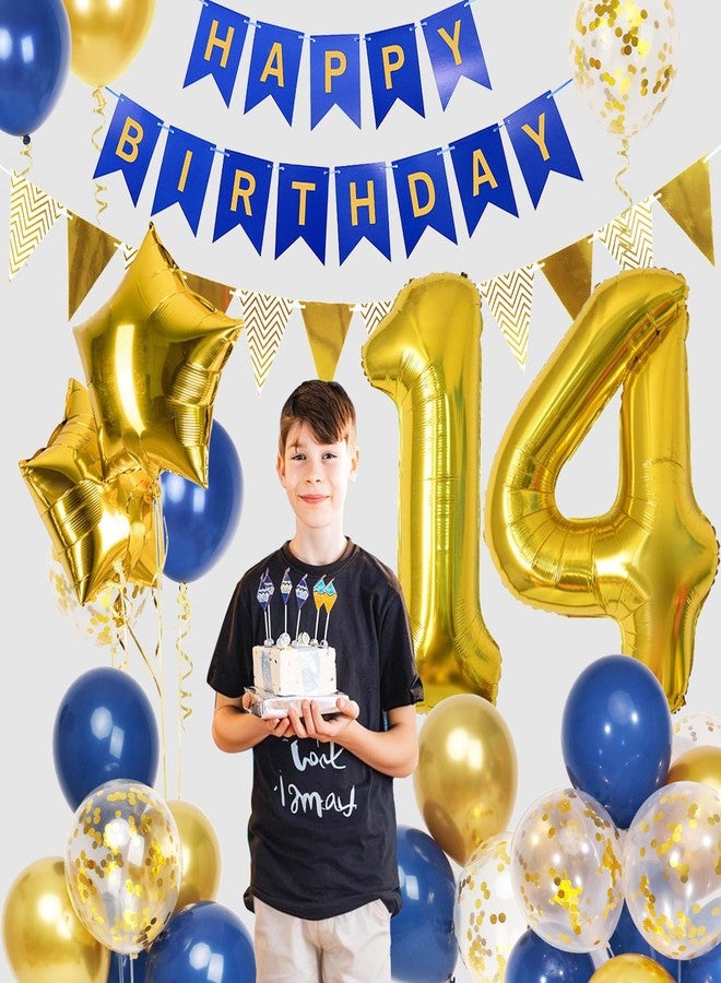 Douvelue 14th Birthday Decorations Boys, Navy Blue Gold Balloons and Happy Birthday Banner, 40 Inch Number 14 Foil Birthday Balloons with Birthday Bunting, for Boys Girls Birthday Decoration - Image 4