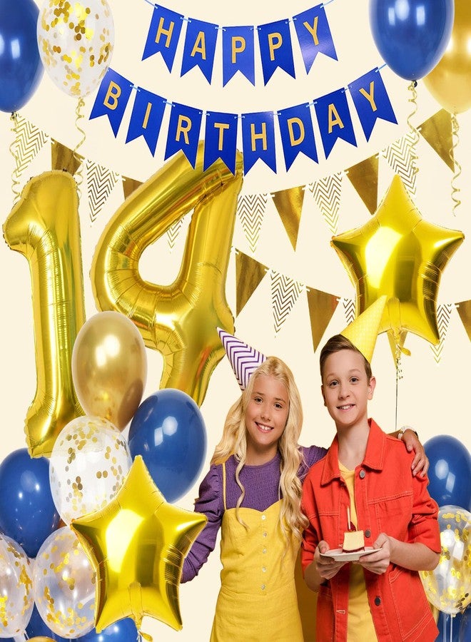 Douvelue 14th Birthday Decorations Boys, Navy Blue Gold Balloons and Happy Birthday Banner, 40 Inch Number 14 Foil Birthday Balloons with Birthday Bunting, for Boys Girls Birthday Decoration - Image 3