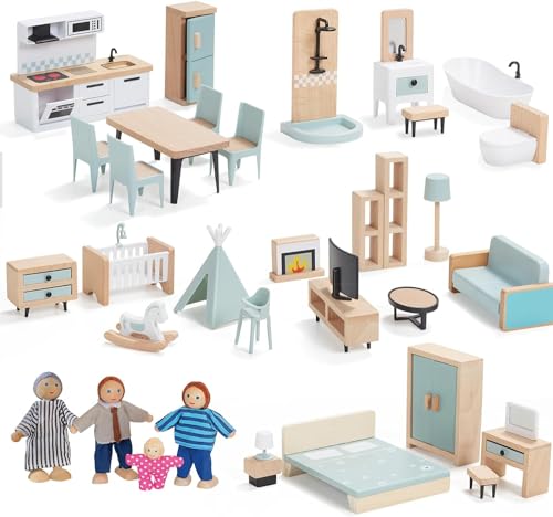Giant bean 36pcs Wooden Dollhouse Furniture Set 5 Rooms 4 Family Dolls Wood and Plastic Blue Dollhouse Accessories Pretend Play Furniture Toys Christmas Birthday Gift for Boys Girls Kids Toddlers 3 - Image 1