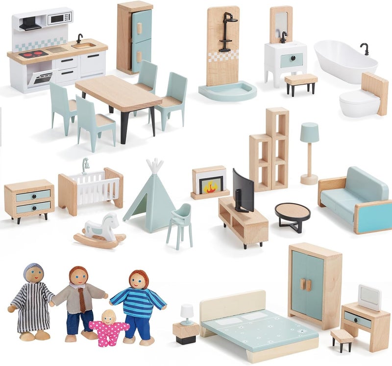 Giant bean 36pcs Wooden Dollhouse Furniture Set 5 Rooms 4 Family Dolls Wood and Plastic Blue Dollhouse Accessories Pretend Play Furniture Toys Christmas Birthday Gift for Boys Girls Kids Toddlers 3 - Image 3