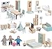 Giant bean 36pcs Wooden Dollhouse Furniture Set 5 Rooms 4 Family Dolls Wood and Plastic Blue Dollhouse Accessories Pretend Play Furniture Toys Christmas Birthday Gift for Boys Girls Kids Toddlers 3 - Image 2