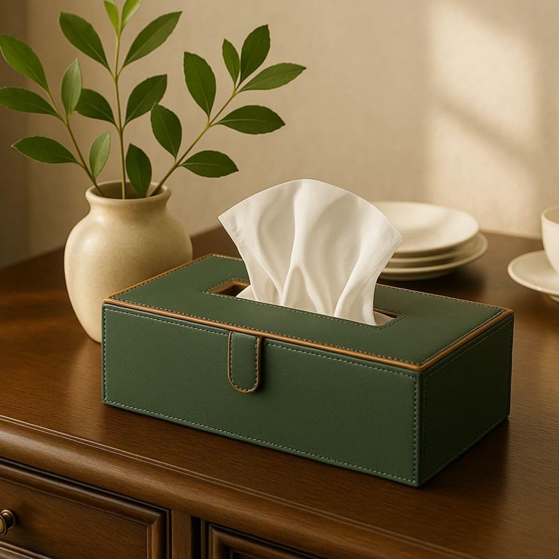 CASA BOTANICAL Leather Tissue Box Holder | Paper Napkin Holder Case | Tissue Holder Dispenser Organizer for Car Decor Home Room Hotel Green 1pc Rectangular Shape - Image 1
