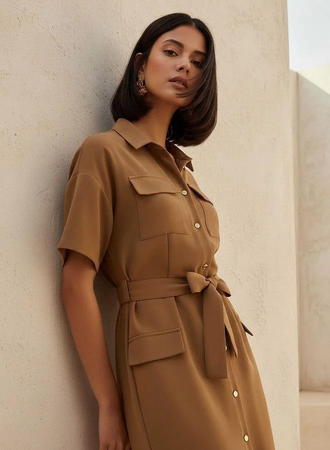 ايكونيك Iconic Midi Belted Shirt Dress with Pocket Detail