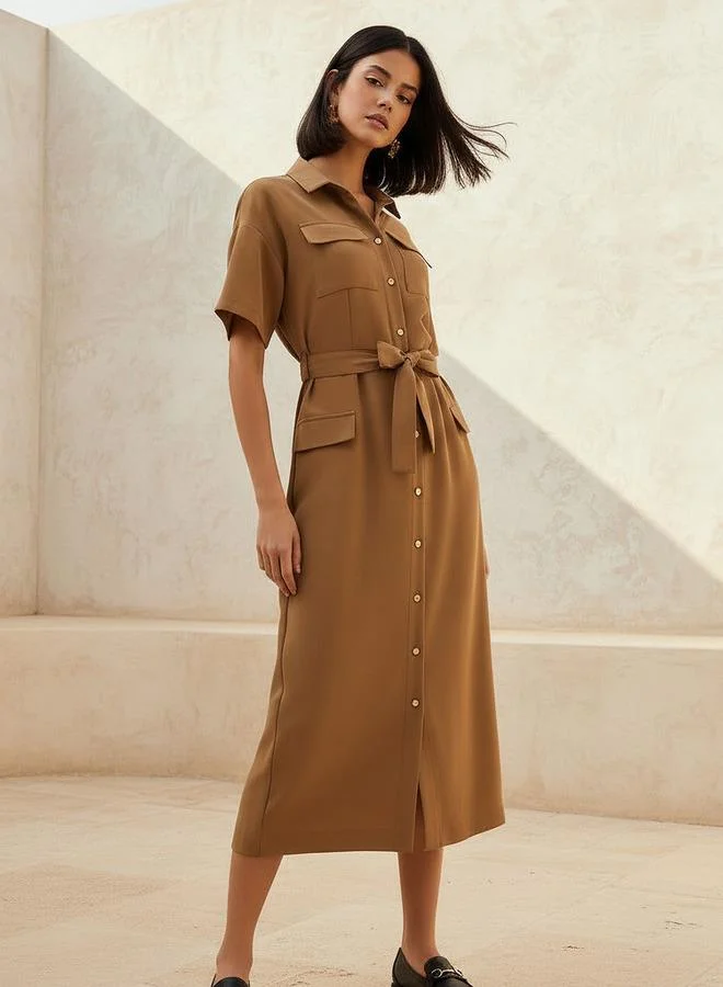 ايكونيك Iconic Midi Belted Shirt Dress with Pocket Detail
