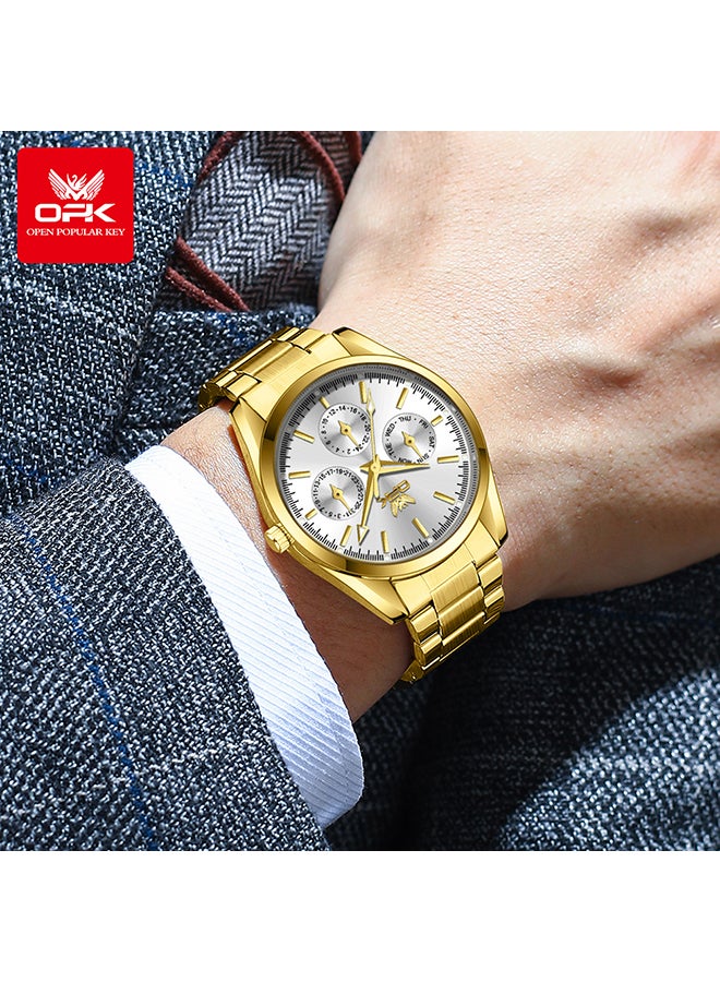او بي كي ساعات OPK، ساعات رجالية أنيقة وعصرية، ساعات كوارتز مضيئة ومقاومة للماء، ساعات رجالية - سوار فولاذي 6024، ميناء ذهبي وأبيض - Image 1