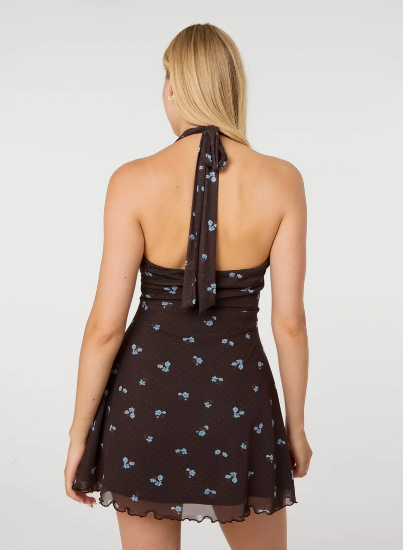 بينك فانيلا Floral Polka Dot Mesh Halter Dress