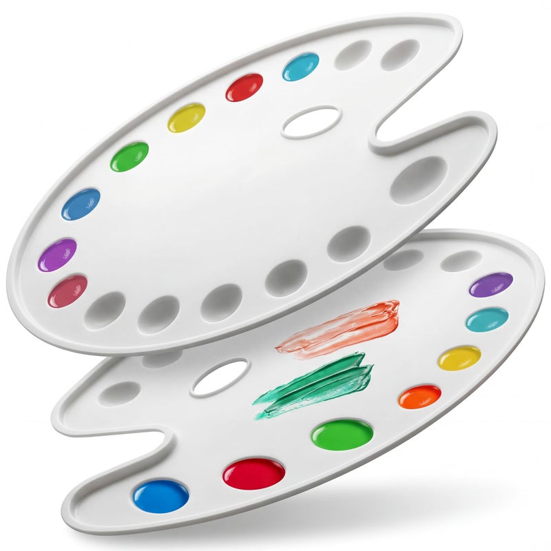 DUGATO Large Oval Paint Palettes (2 Pack, 14x10.5 inches) - 14-Well Plastic Mixing Trays for Acrylic, Oil, Watercolor & Gouache - Artist Supplies - Image 1