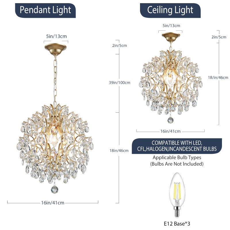 Bestier Modern Gold Pendant Chandelier Crystal Raindrop Lighting Ceiling Light Fixture Lamp for Dining Room Bathroom Bedroom Livingroom entryway 3 E12 Bulbs Required D16 in x H18 in - Image 3