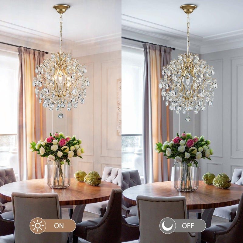 Bestier Modern Gold Pendant Chandelier Crystal Raindrop Lighting Ceiling Light Fixture Lamp for Dining Room Bathroom Bedroom Livingroom entryway 3 E12 Bulbs Required D16 in x H18 in - Image 5
