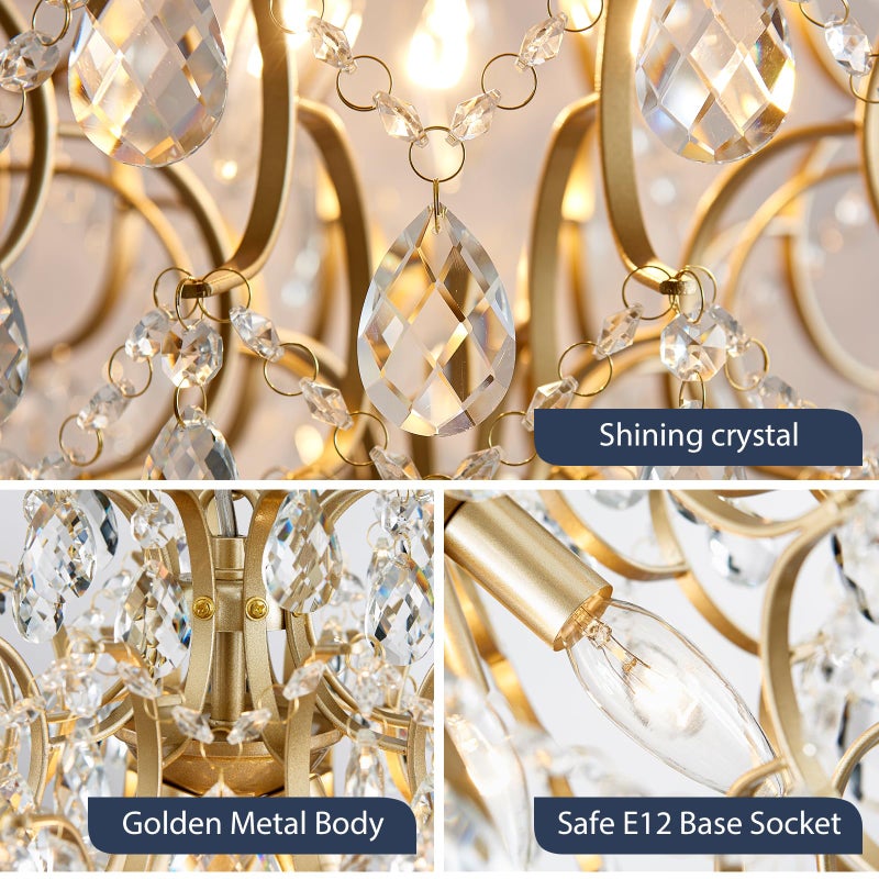 Bestier Modern Gold Pendant Chandelier Crystal Raindrop Lighting Ceiling Light Fixture Lamp for Dining Room Bathroom Bedroom Livingroom entryway 3 E12 Bulbs Required D16 in x H18 in - Image 4