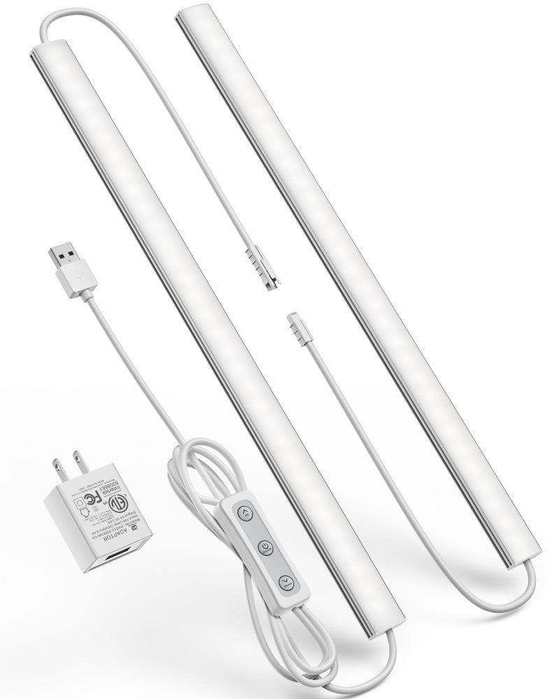 Vovamo Plug-in Under Cabinet Lighting, Dimmable Counter Lights for Kitchen, 2pcs 12 Inch, Cold White 6000K Linkable USB Led Closet Light, Wired Indoor Night Lights Bar for Desk, Sink,Workbench - Image 1