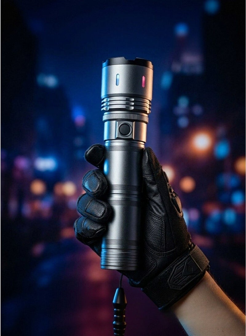 White Laser Tactical Flashlight, USB Type-C Rechargeable Zoomable LED Torch, Super Bright Waterproof Pocket Flashlight for Camping Hiking Emergency Outdoor，Grey - Image 3