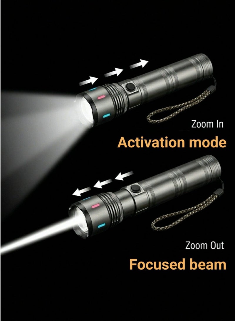 White Laser Tactical Flashlight, USB Type-C Rechargeable Zoomable LED Torch, Super Bright Waterproof Pocket Flashlight for Camping Hiking Emergency Outdoor，Grey - Image 4