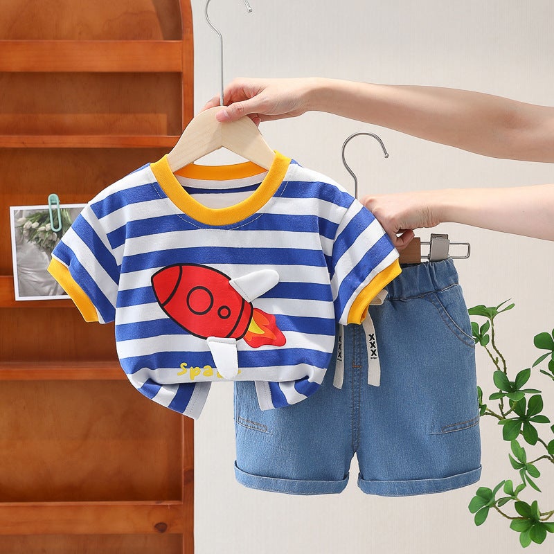 Five small seven childrens clothing 2024 summer 0-4 new 3 boys contrast color stripe small rocket short sleeve Denim shorts suit Blue 