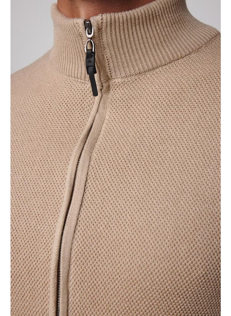 Tudors Half Turtleneck Zippered Stone Color Men's Cardigan - Image 4