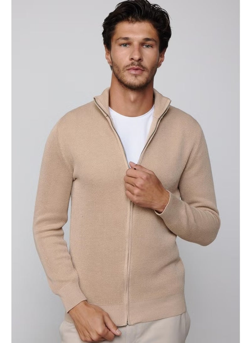 Tudors Half Turtleneck Zippered Stone Color Men's Cardigan - Image 1