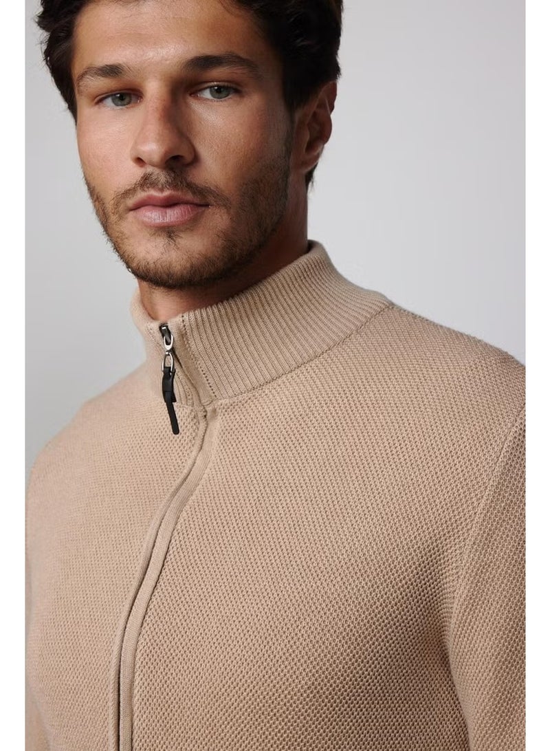 Tudors Half Turtleneck Zippered Stone Color Men's Cardigan - Image 3