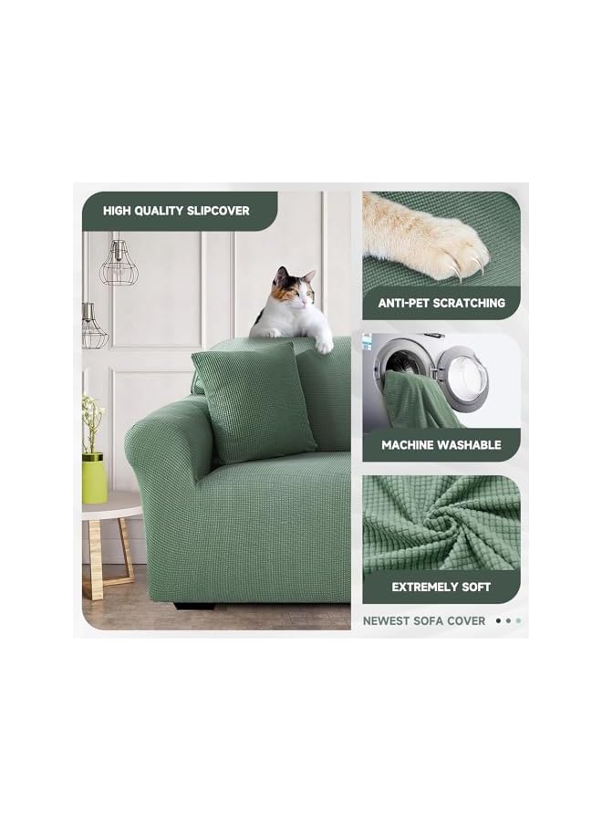 The Bros Sofa Cover, High Stretch Sofa Slipcover Elastic Fabric Couch Cover with Non Skid Foam and Elastic Bottom, Suitable for 1/2/3/4 Seater with 2 Throw pillowcase (Bean Green, 4 Seater 92-118 In) - Image 2