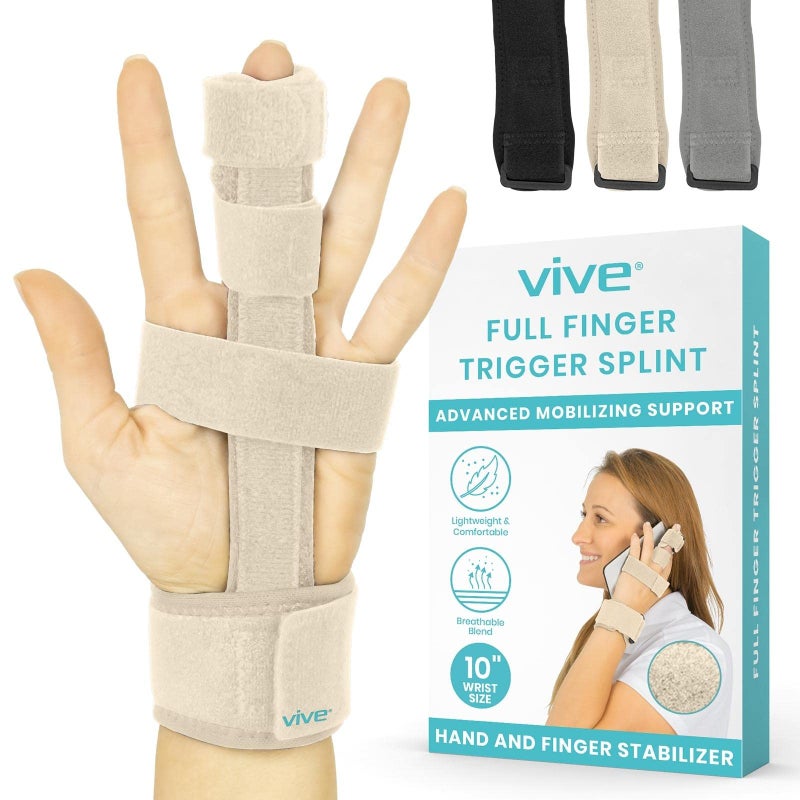 VIVE Trigger Finger Splint Full Hand and Wrist Brace Support Adjustable Locking Straightener Straightening Immobilizer Treatment For Sprains Mallet Injury Arthritis Tendonitis Beige