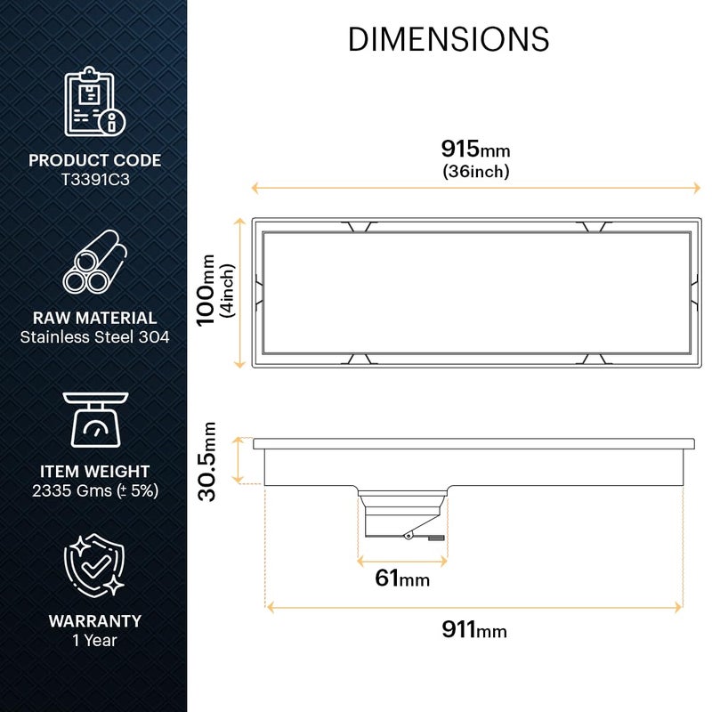 Johnson Bathrooms Johnson Altis 4x36 inches Rectangle Shower Drain Channel SS304 Grade Vertical Water Drain Channel Floor Drain for Bathroom with Cockroach Trap 2 Year Warranty T3391C3 Stainless Steel - Image 2