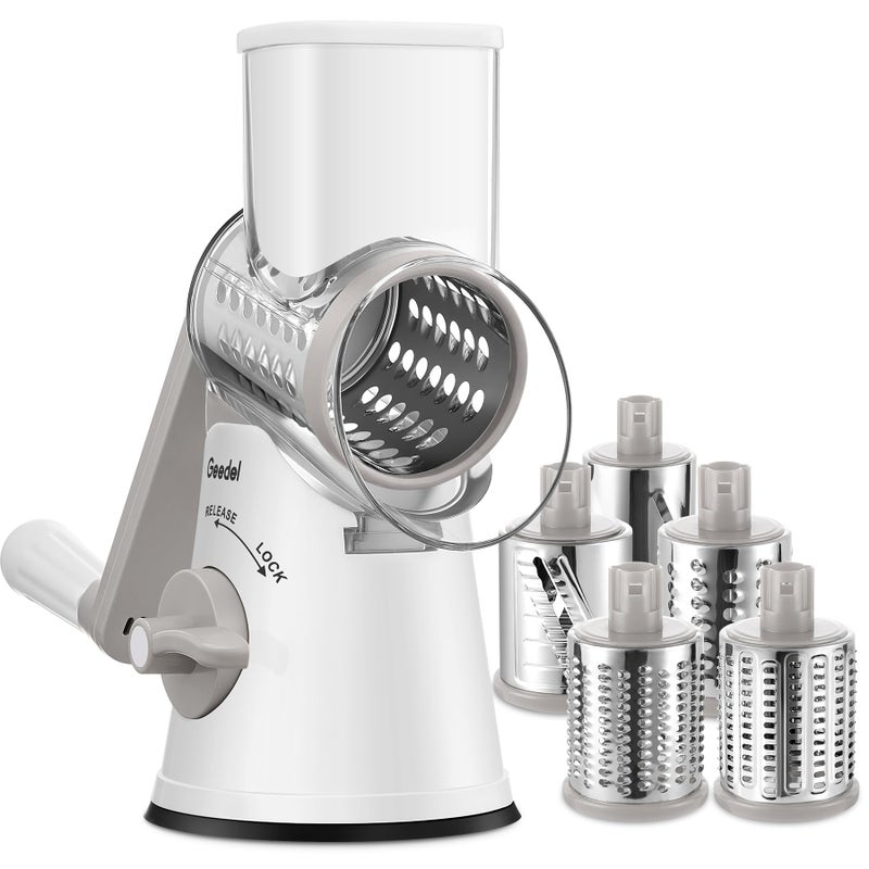 Geedel Rotary Cheese Grater Cheese Shredder with 5 Interchangeable Blades Upgraded Rotary Grater Featuring Strong Suction Base for Cheese Shredding Wavy Slicing Nut Grinding and Ice Shaving - Image 2