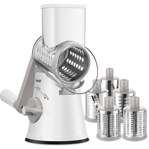 Geedel Rotary Cheese Grater Cheese Shredder with 5 Interchangeable Blades Upgraded Rotary Grater Featuring Strong Suction Base for Cheese Shredding Wavy Slicing Nut Grinding and Ice Shaving - Image 1