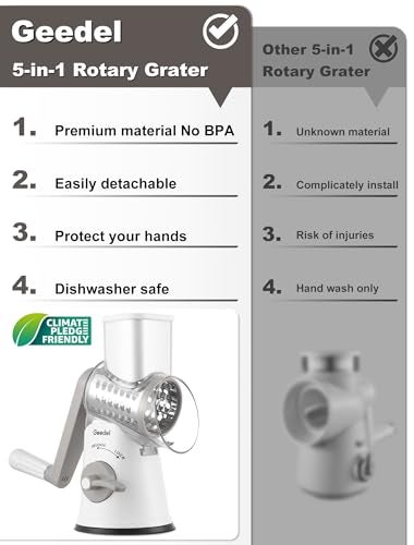 Geedel Rotary Cheese Grater Cheese Shredder with 5 Interchangeable Blades Upgraded Rotary Grater Featuring Strong Suction Base for Cheese Shredding Wavy Slicing Nut Grinding and Ice Shaving - Image 3