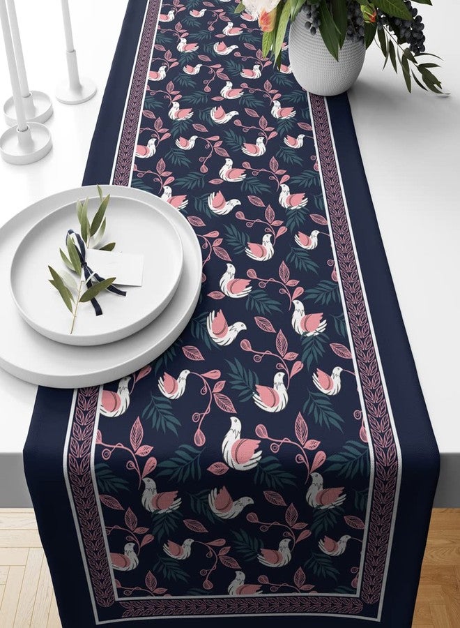 Astitva Cotton Table Runner - 13 x 72 Inches | 6-8 Seater Washable Dining Table, Centre Table, Wedding & Party Decor - Bloomy Bird Print - Blue - Image 1