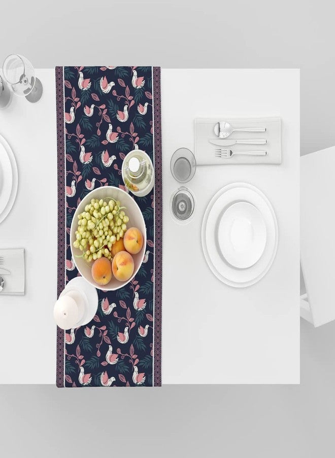 Astitva Cotton Table Runner - 13 x 72 Inches | 6-8 Seater Washable Dining Table, Centre Table, Wedding & Party Decor - Bloomy Bird Print - Blue - Image 2