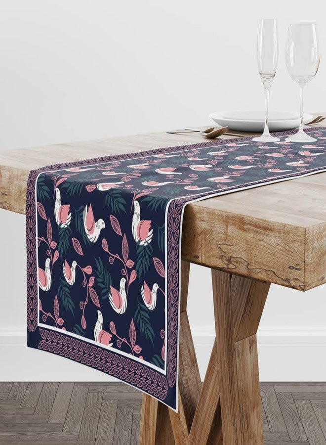 Astitva Cotton Table Runner - 13 x 72 Inches | 6-8 Seater Washable Dining Table, Centre Table, Wedding & Party Decor - Bloomy Bird Print - Blue - Image 4