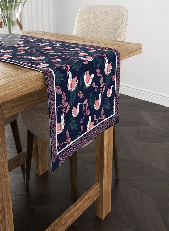 Astitva Cotton Table Runner - 13 x 72 Inches | 6-8 Seater Washable Dining Table, Centre Table, Wedding & Party Decor - Bloomy Bird Print - Blue - Image 3