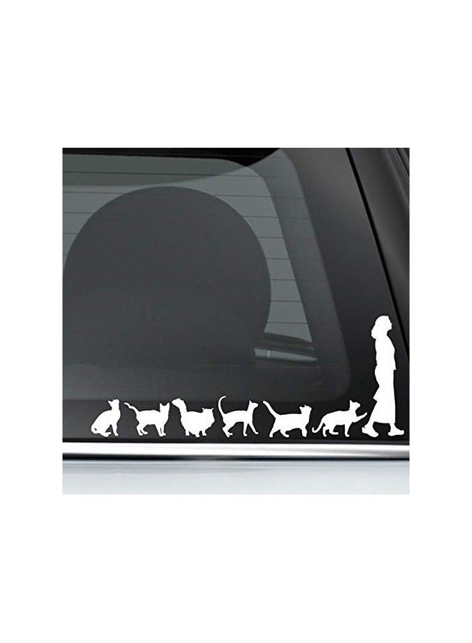 MAF - CAT Lady Cats Follow Woman White 5" Art Vinyl Decal Sticker for Cars LAPTOPS Walls Windows Toolbox Gift - Image 1