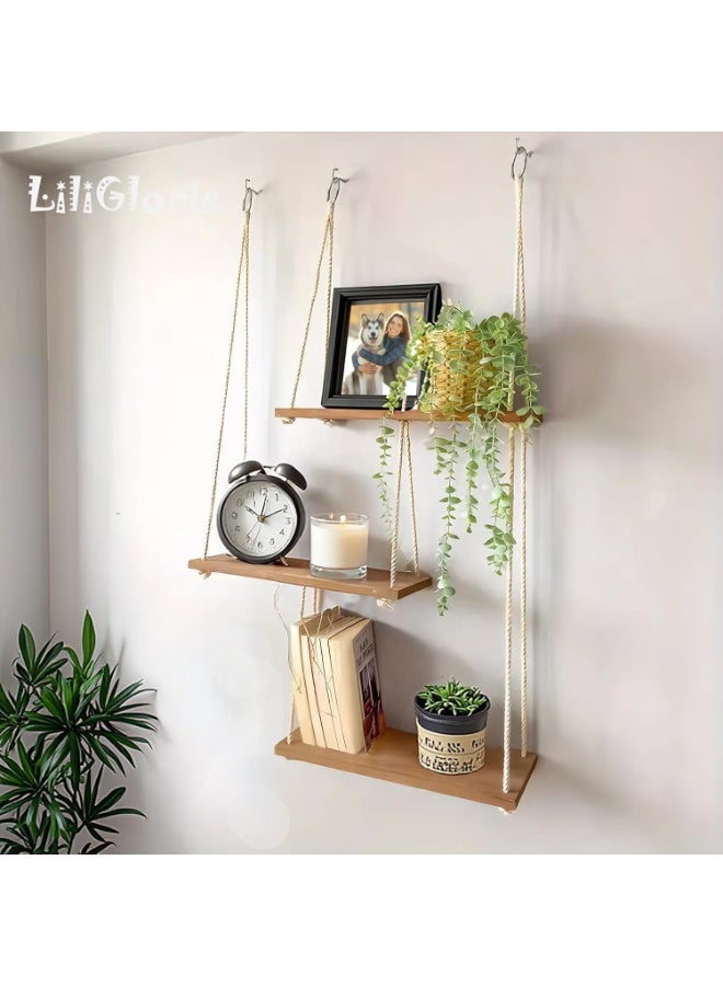 كيلا أرفف معلقة للحائط، ديكور حائط بوهيمي بثلاث طبقات، أرفف عائمة، منظم خشبي ريفي، شماعة تخزين للجماليات، المنزل، غرفة النوم، المطبخ، - Image 4