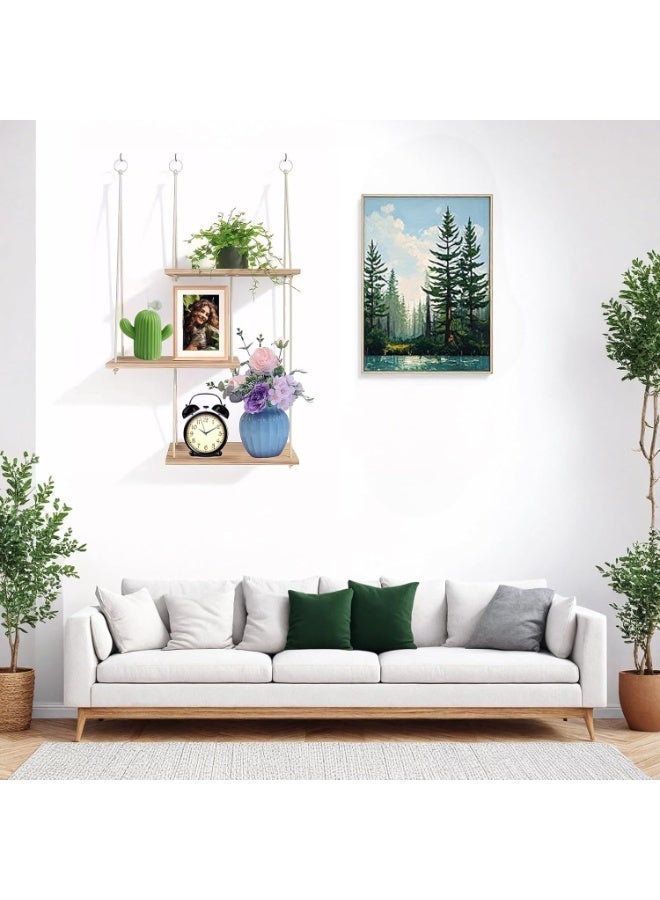 Bukela 3-Piece Set, Wooden Wall Mounted Shelves, Bohemian Style Plant Hanging Rack, Triangle Floating Shelves, Rope Bookshelf For Bedroom Bathroom Living Room Balcony - Image 4