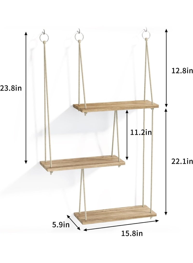 Bukela 3-Piece Set, Wooden Wall Mounted Shelves, Bohemian Style Plant Hanging Rack, Triangle Floating Shelves, Rope Bookshelf For Bedroom Bathroom Living Room Balcony - Image 3
