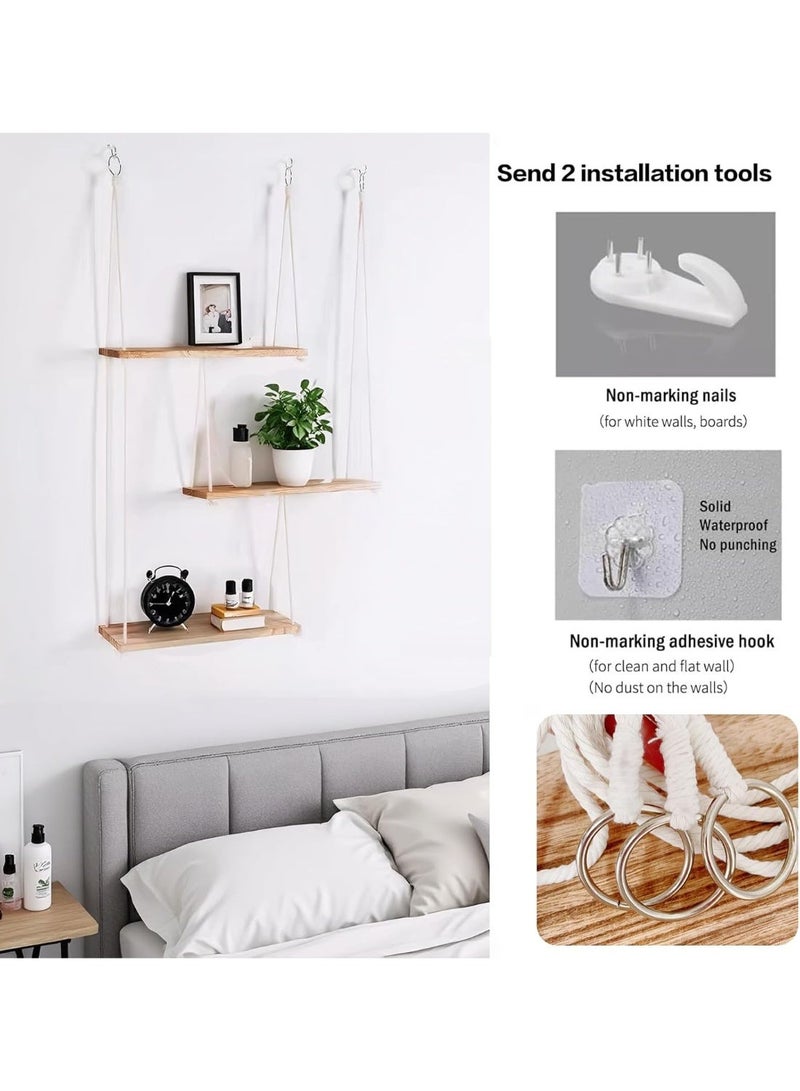 Bukela 3-Piece Set, Wooden Wall Mounted Shelves, Bohemian Style Plant Hanging Rack, Triangle Floating Shelves, Rope Bookshelf For Bedroom Bathroom Living Room Balcony - Image 5