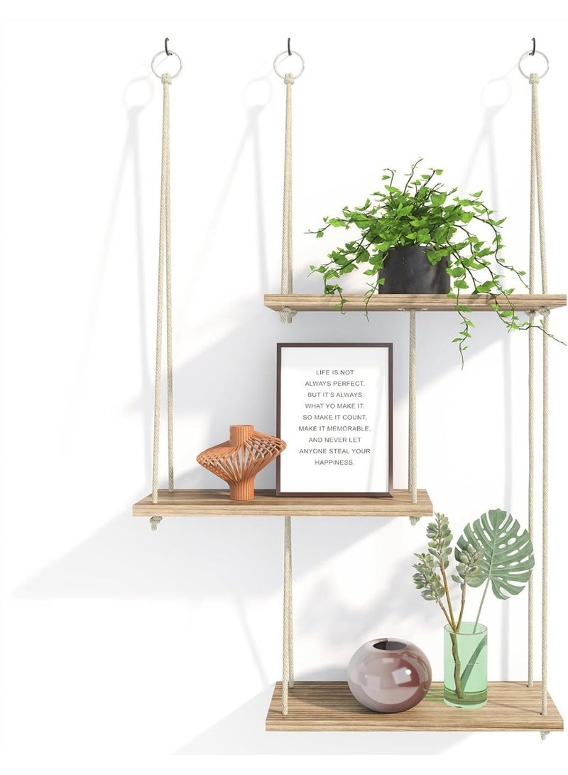 Bukela 3-Piece Set, Wooden Wall Mounted Shelves, Bohemian Style Plant Hanging Rack, Triangle Floating Shelves, Rope Bookshelf For Bedroom Bathroom Living Room Balcony - Image 1