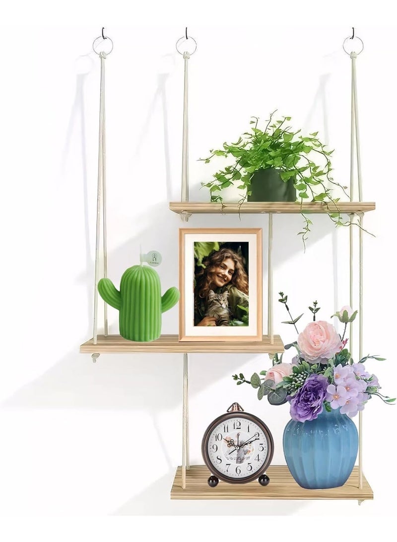 Bukela 3-Piece Set, Wooden Wall Mounted Shelves, Bohemian Style Plant Hanging Rack, Triangle Floating Shelves, Rope Bookshelf For Bedroom Bathroom Living Room Balcony - Image 2